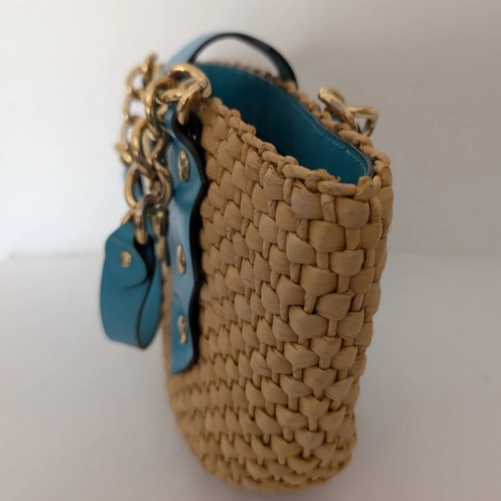 Michael Kors Santorini Straw Handbag Double Teal Leather Gold Chain Straps Rare - Picture 4 of 9